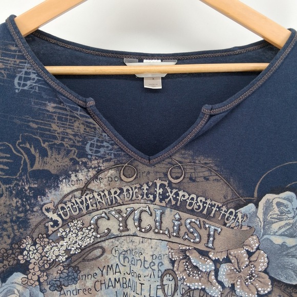 CJ Banks Plus Size X Embellished Graphic Top Bicycle Roses Rhinestones USA Made - Picture 2 of 12